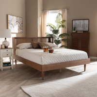 Baxton Studio MG97151-Ash Walnut Rattan-Queen Rina Mid-Century Modern Ash Wanut Finished Wood and Synthetic Rattan Queen Size Platform Bed with Wrap-Around Headboard